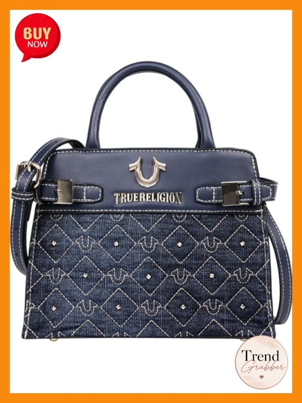 Studded Denim Tote Bag with Quilted Horseshoe Pattern, Buckle Tab Details